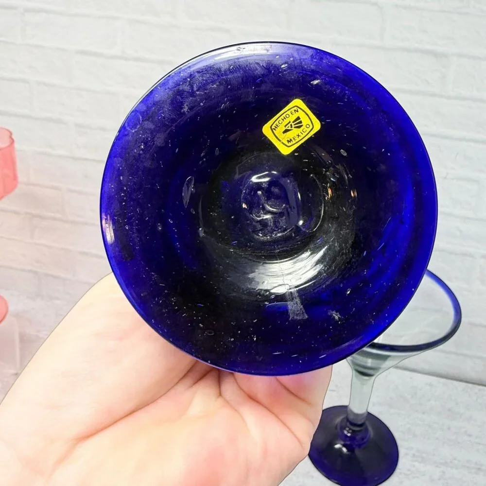 Vintage Mexican Cobalt Blue Rim Margarita Glasses 8 oz Set‎ of 2